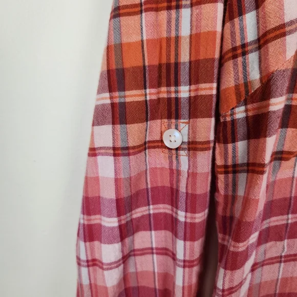 Prana Pink Orange Plaid Roll Tab Sleeve Button Down Shirt Top Sz L - Picture 3 of 7
